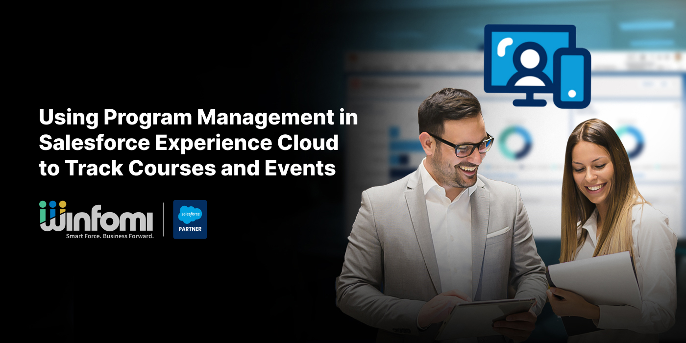 Program Management feature in Salesforce Experience Cloud showing course and event tracking capabilities for organizations. 